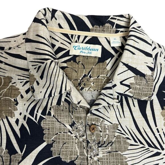 Caribbean Pure Silk Men's Short Sleeve Shirt Tropical Print Black Tan‎ Cream XL - Picture 5 of 7
